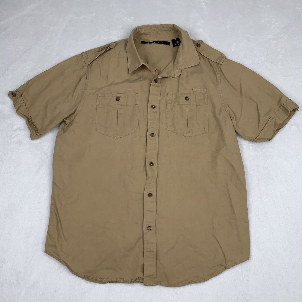 Sean John Linen Blend Short Sleeve Button Down Shirt sz M Neutral Pocket Safari